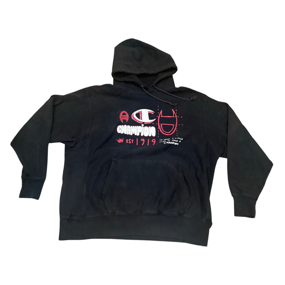 Y2K Champion Reverse Weave Black Hoodie Spellout Since 1919 Size XL